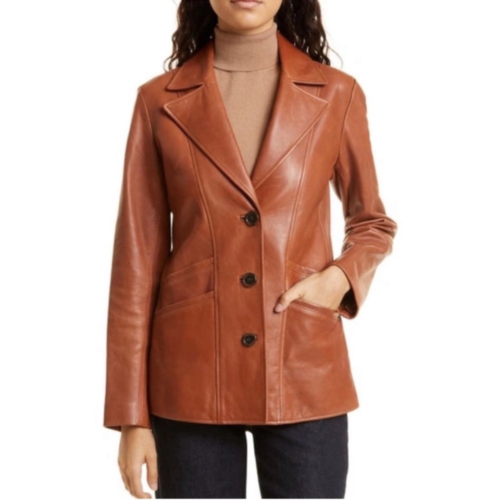 Nili Lotan Alda Lambskin Leather Blazer Jacket Sienna XS